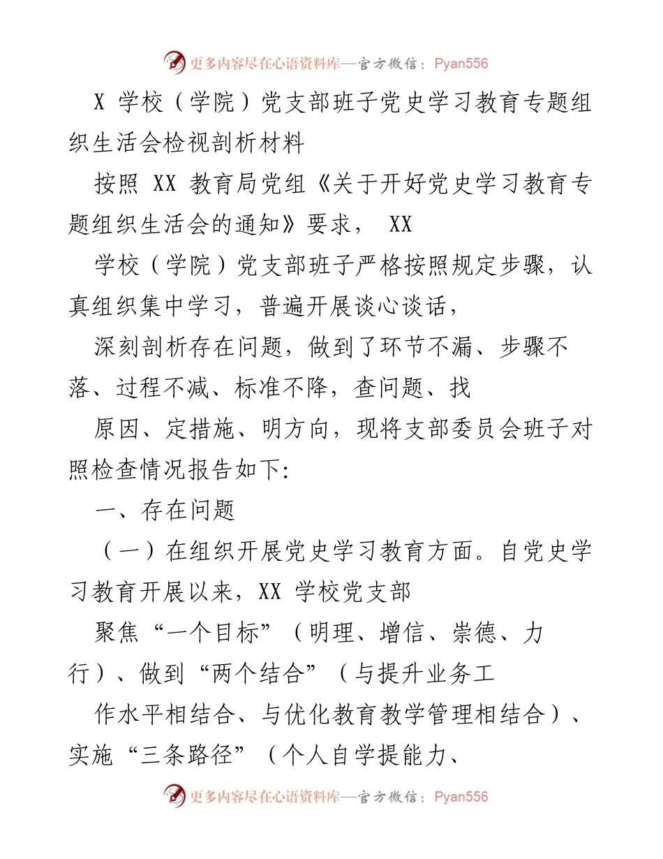 [调研报告] 党支部组织生活会 - XX学校党支部党史学习教育专题组织生活会检视剖析报告.docx_第1页
