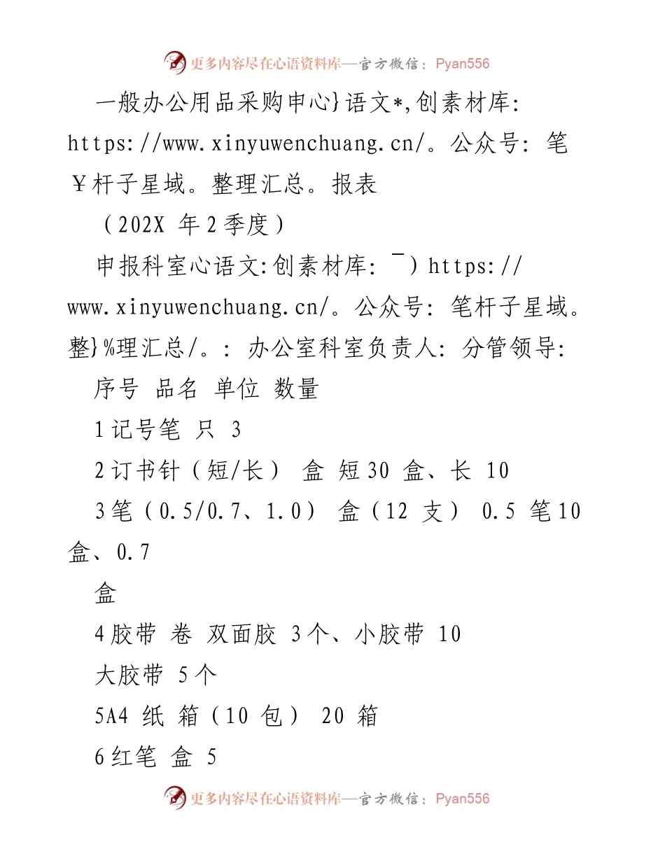 [采购申请] 办公室 - 办公用品采购申报表（202X年2季度）.docx_第1页
