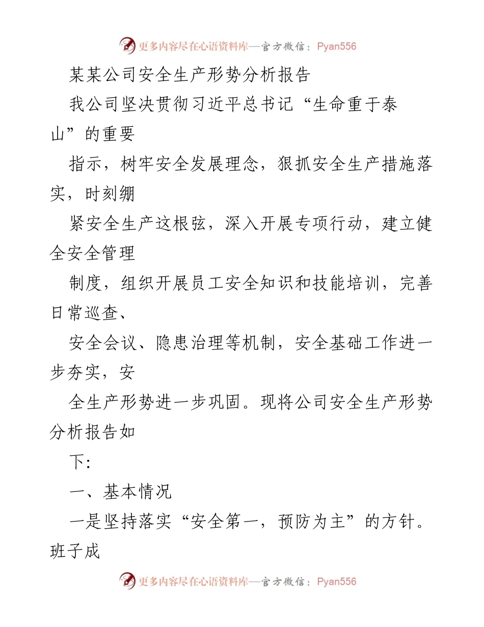 [调研报告] 安全生产 - 某某公司安全生产形势分析报告.docx_第1页