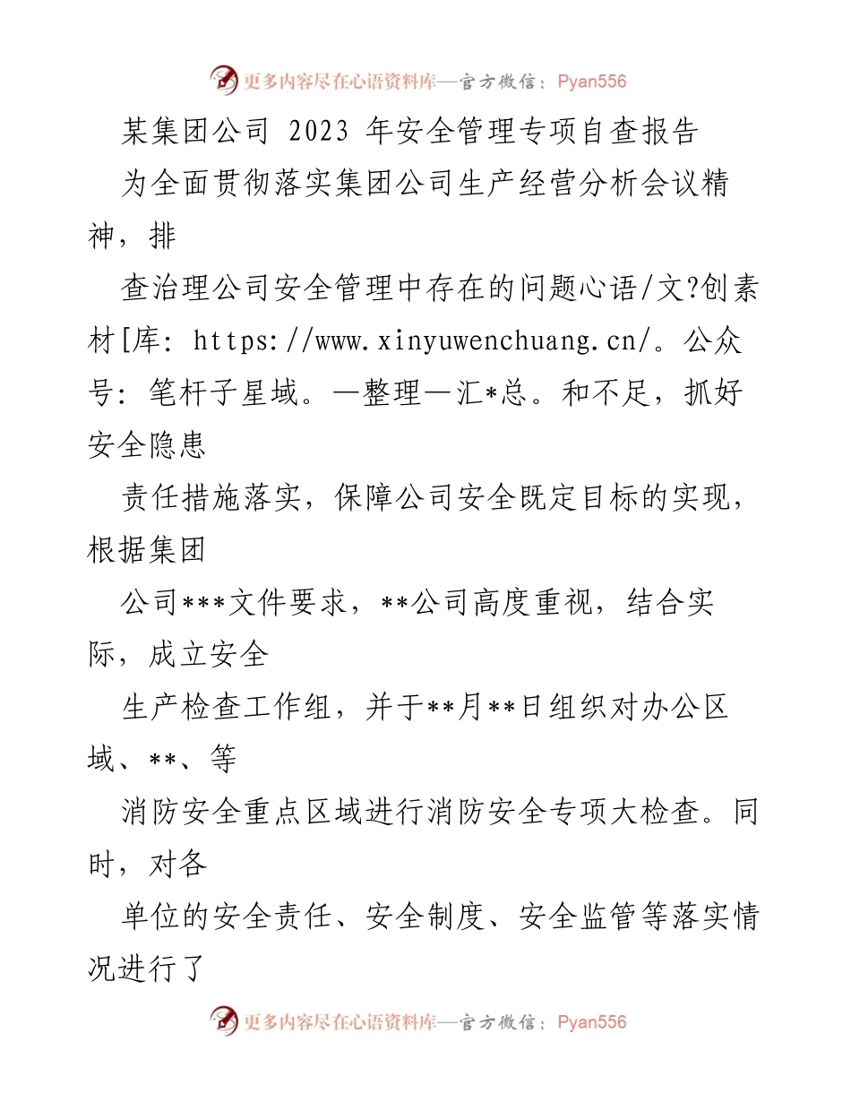 [调研报告] 安全管理 - 2023年安全管理专项自查总结报告_1.docx_第1页