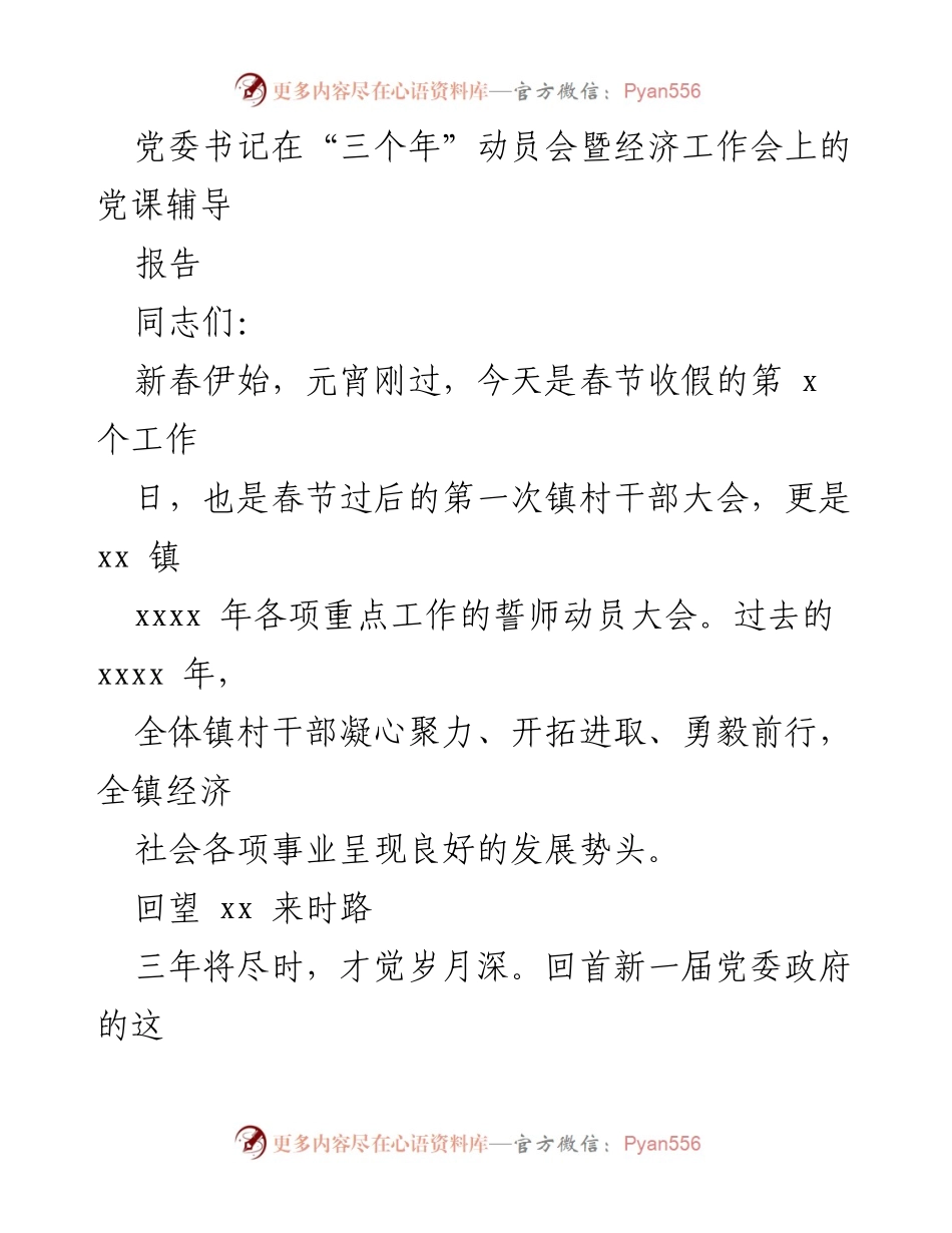 [报告] 动员会 - 党委书记在“三个年”动员会上的党课辅导总结.docx_第1页