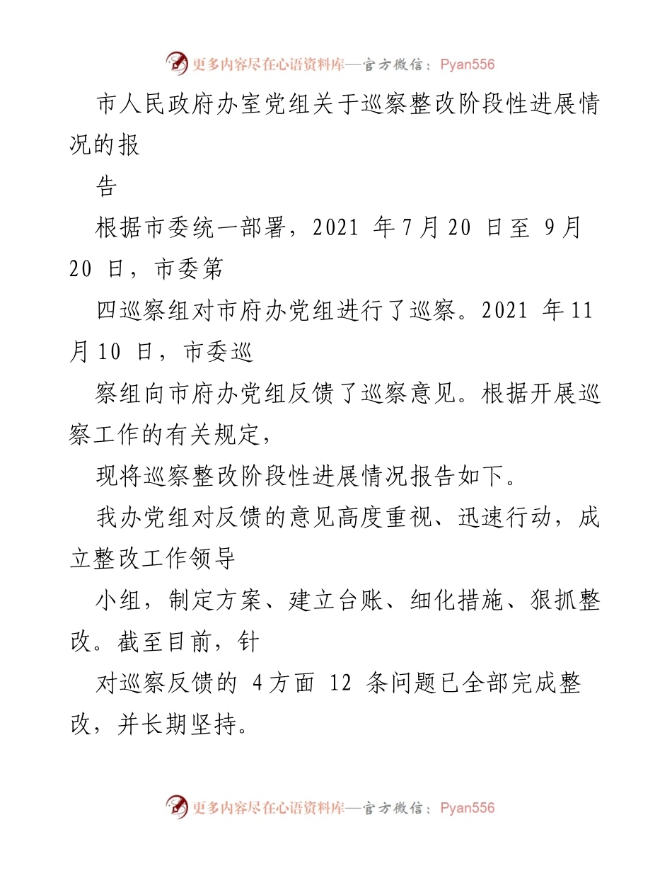 [报告] 政府工作 - 市府办党组巡察整改阶段性进展情况汇报.docx_第1页