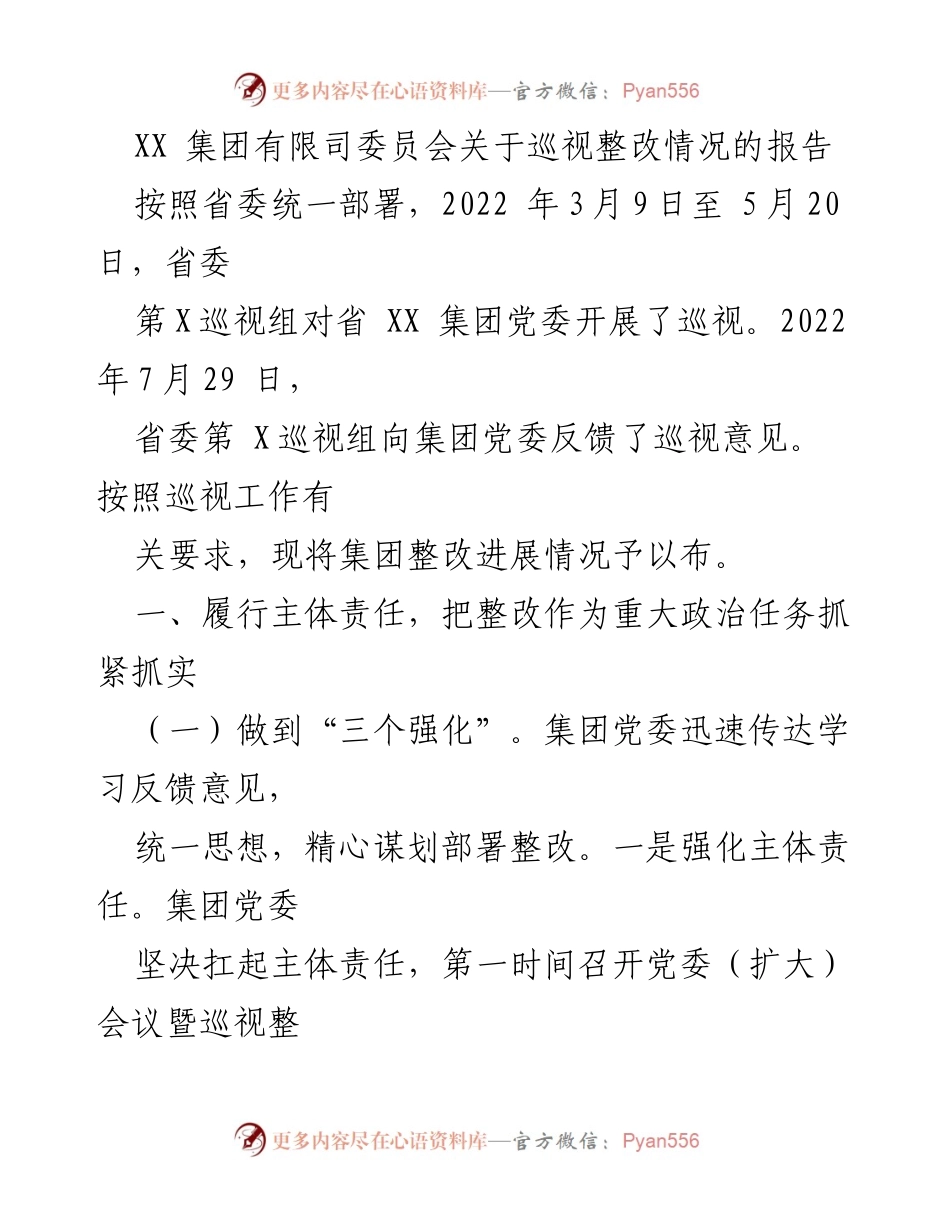 [报告] 巡视整改 - XX集团巡视整改情况报告.docx_第1页