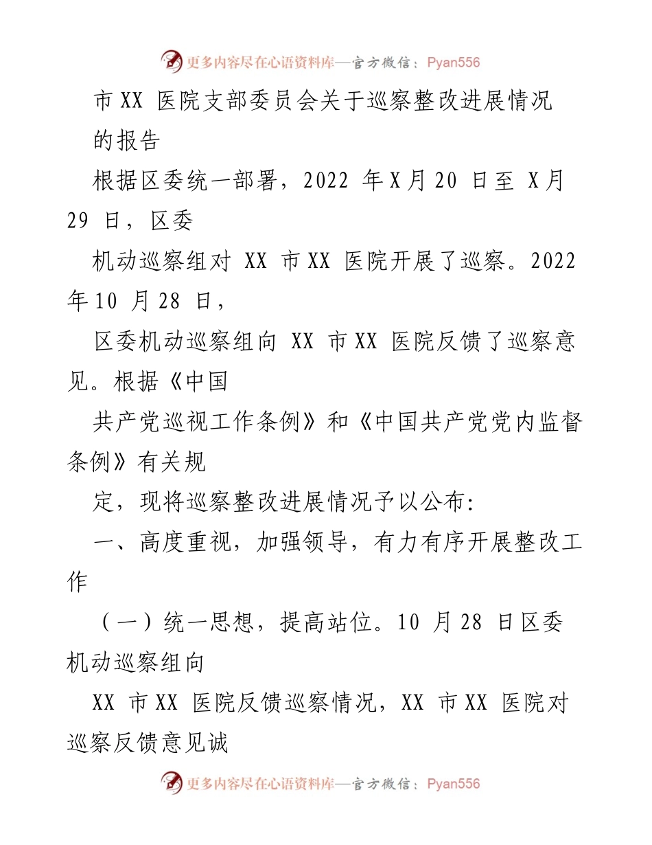 [报告] 医院巡察整改 - XX市XX医院巡察整改进展情况报告.docx_第1页