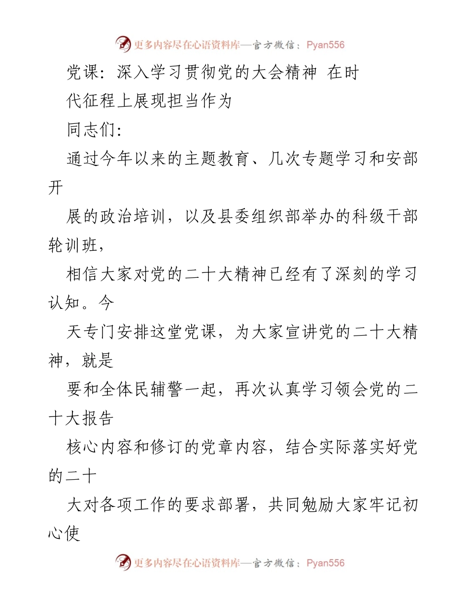 [党课] 学习贯彻党的二十大精神 - 深入学习贯彻党的二十大精神，在时代征程上展现担当作为.docx_第1页