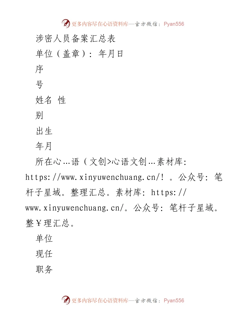[备案表] 涉密人员管理 - 涉密人员备案汇总表.docx_第1页