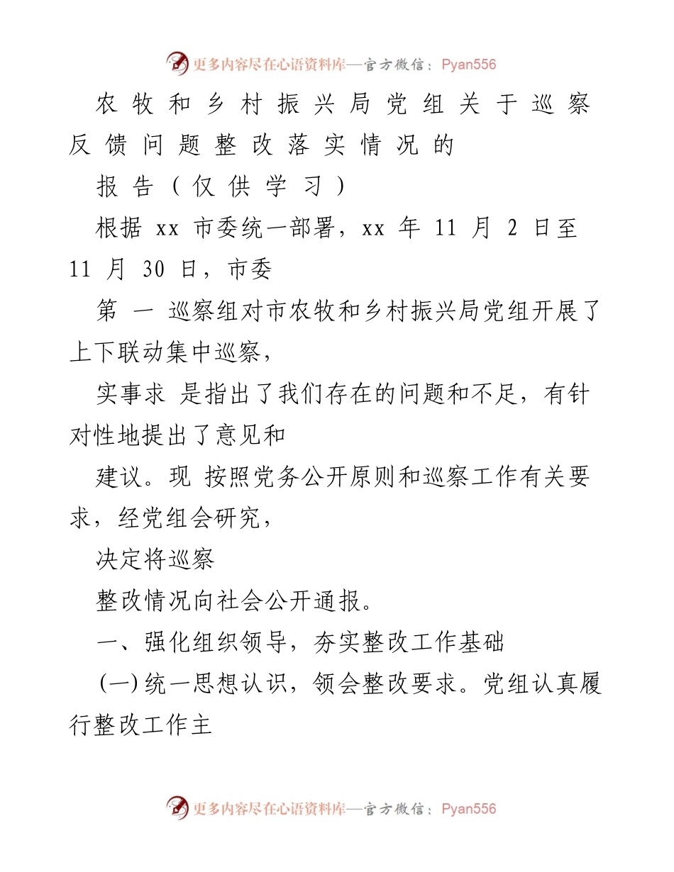 [报告] 巡察整改 - 市农牧和乡村振兴局巡察整改落实情况报告.docx_第1页