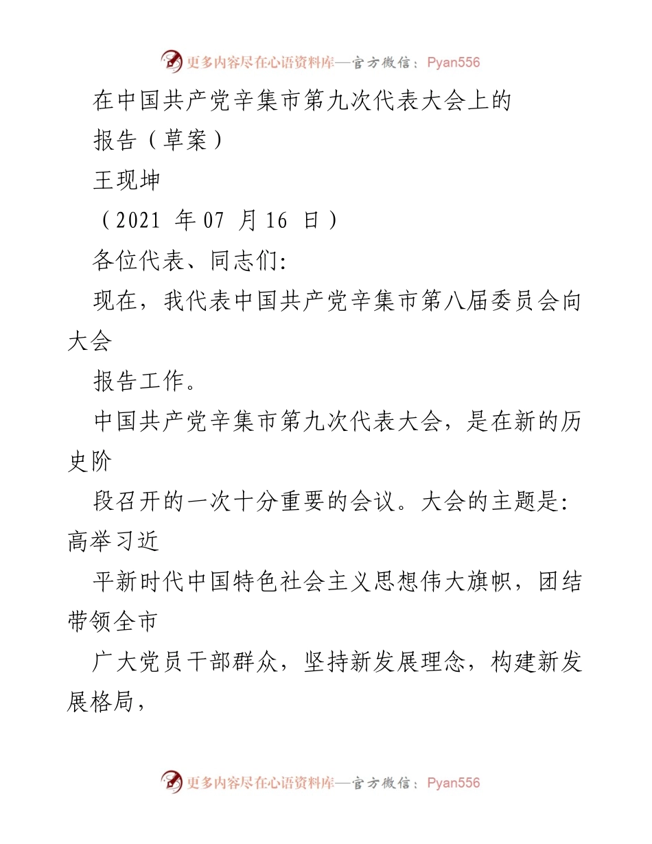[报告] 党代会 - 辛集市第九次代表大会工作报告.docx_第1页