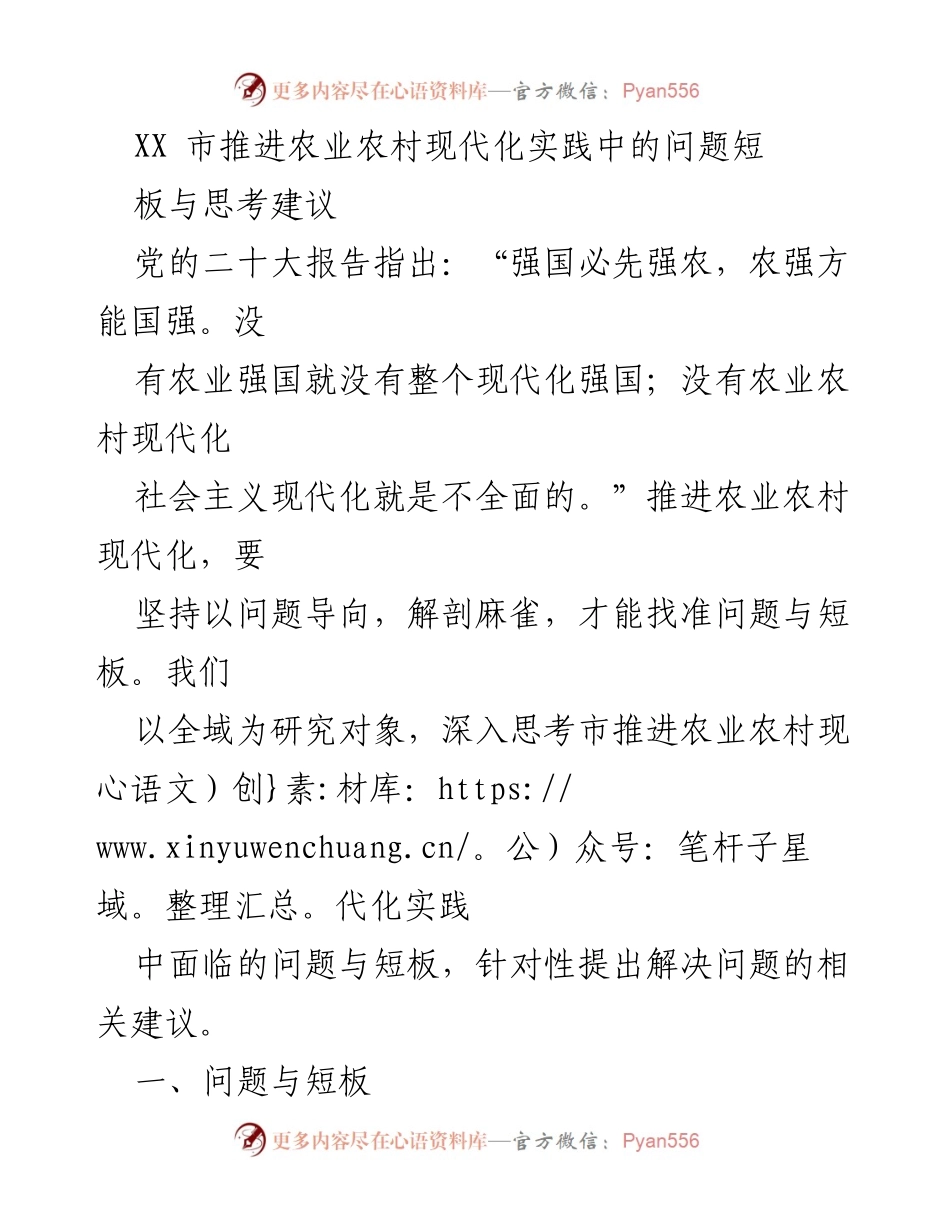[调研报告] XX市农业农村现代化推进 - XX市农业农村现代化实践中的问题与对策建议.docx_第1页
