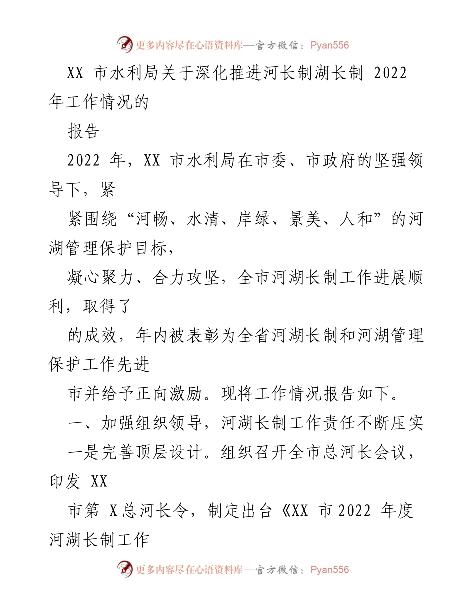 [报告] 工作总结 - XX市水利局2022年河长制湖长制工作情况总结.docx_第1页
