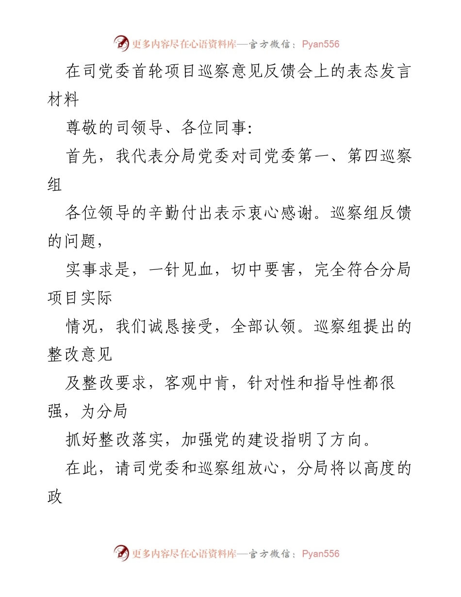 [表态发言] 巡察意见反馈会 - 坚决落实巡察整改，推动全面从严治党.docx_第1页