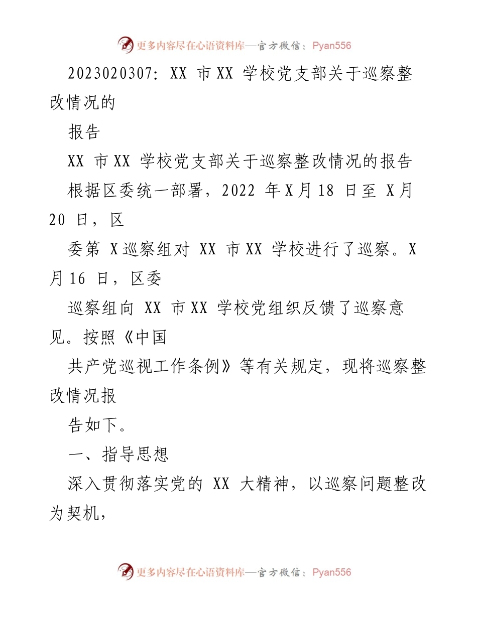 [报告] 巡察整改 - XX市XX学校党支部巡察整改情况报告.docx_第1页