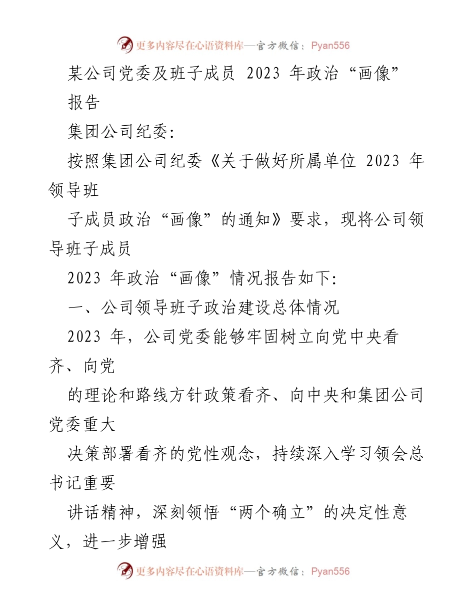[报告] 纪委工作 - 2023年公司党委及班子成员政治“画像”情况报告.docx_第1页