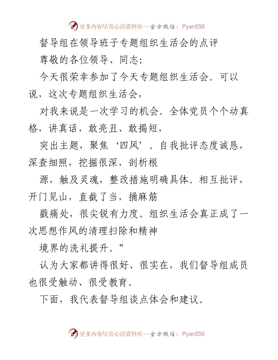 [点评] 领导班子专题组织生活会 - 督导组对专题组织生活会的点评与建议.docx_第1页