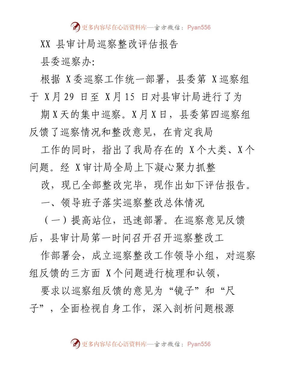 [报告] 巡察整改 - XX县审计局巡察整改评估报告.docx_第1页