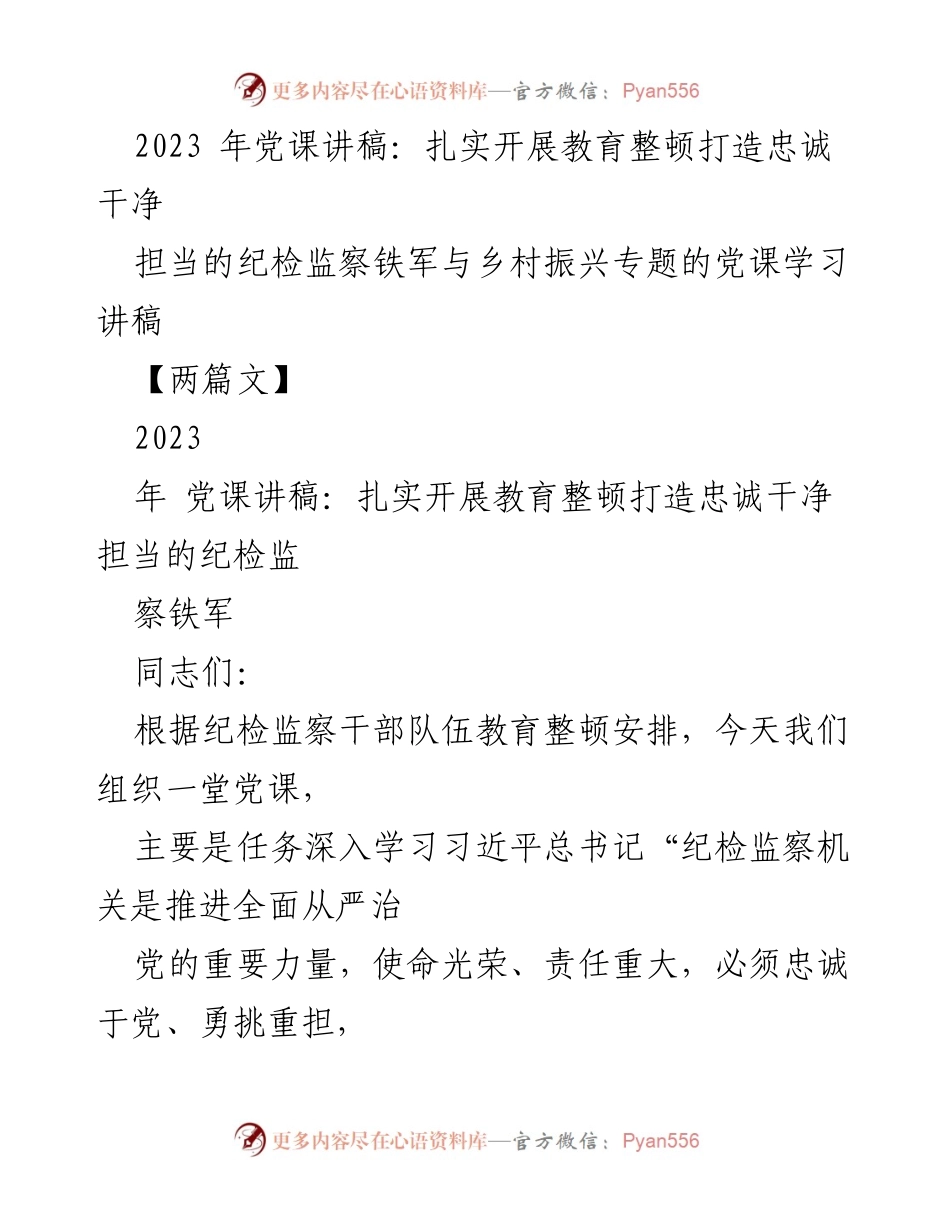 [党课讲稿] 纪检监察干部教育整顿 - 扎实开展教育整顿，打造忠诚干净担当的纪检监察铁军.docx_第1页