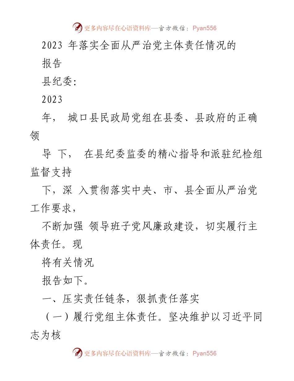 [报告] 工作总结 - 2023年城口县民政局全面从严治党主体责任落实情况总结报告.docx_第1页