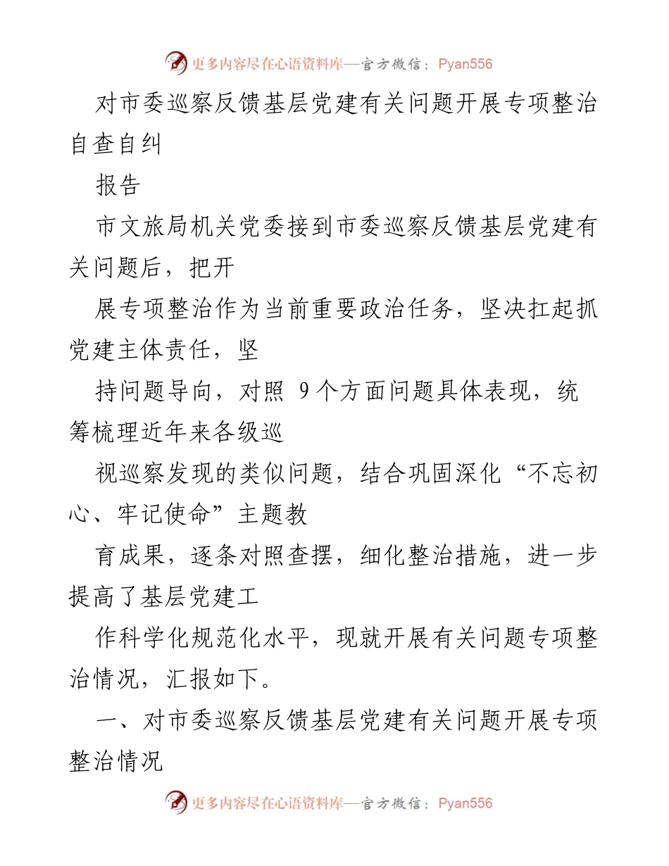 [报告] 市委巡察反馈 - 基层党建专项整治自查自纠情况汇报.docx_第1页