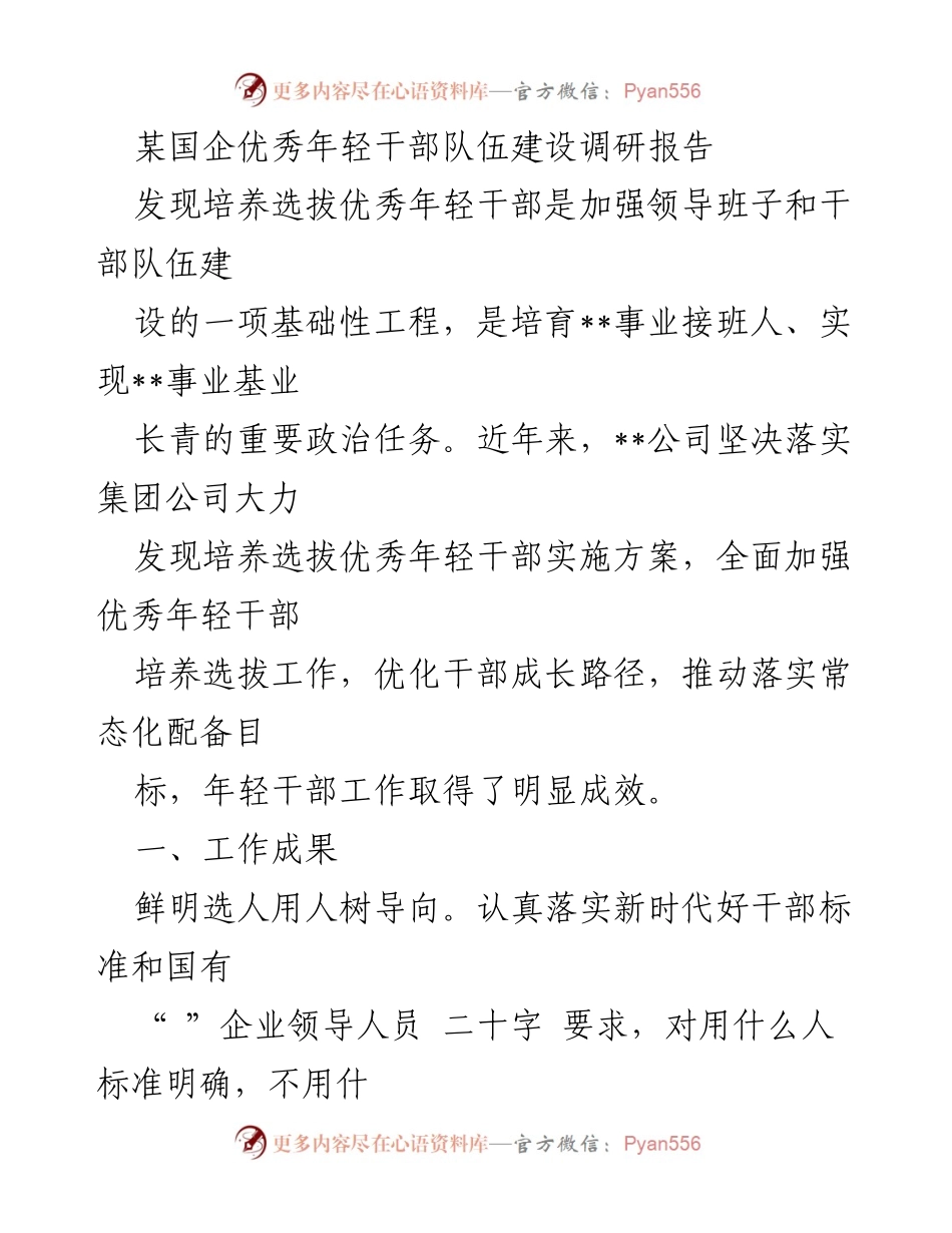 [调研报告] 国企年轻干部建设 - 优秀年轻干部队伍建设调研报告.docx_第1页