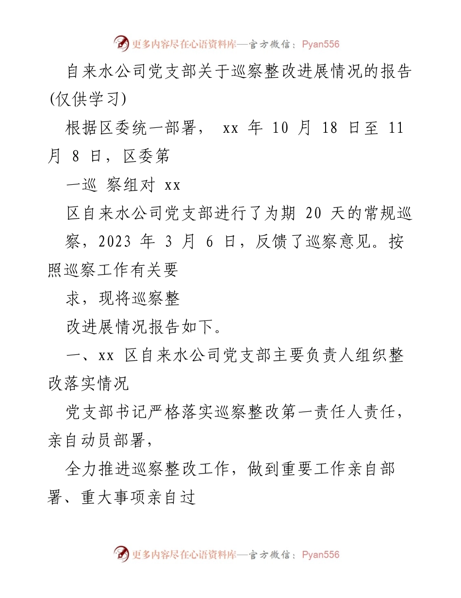 [报告] 自来水公司党支部 - 巡察整改进展情况报告.docx_第1页