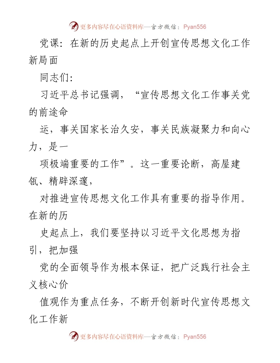 [党课] 宣传思想文化工作 - 在新的历史起点上开创宣传思想文化工作新局面.docx_第1页