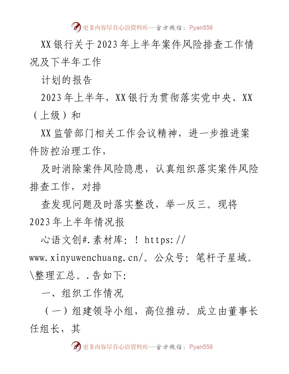 [报告] 工作总结 - XX银行2023年上半年案件风险排查工作总结与下半年计划.docx_第1页