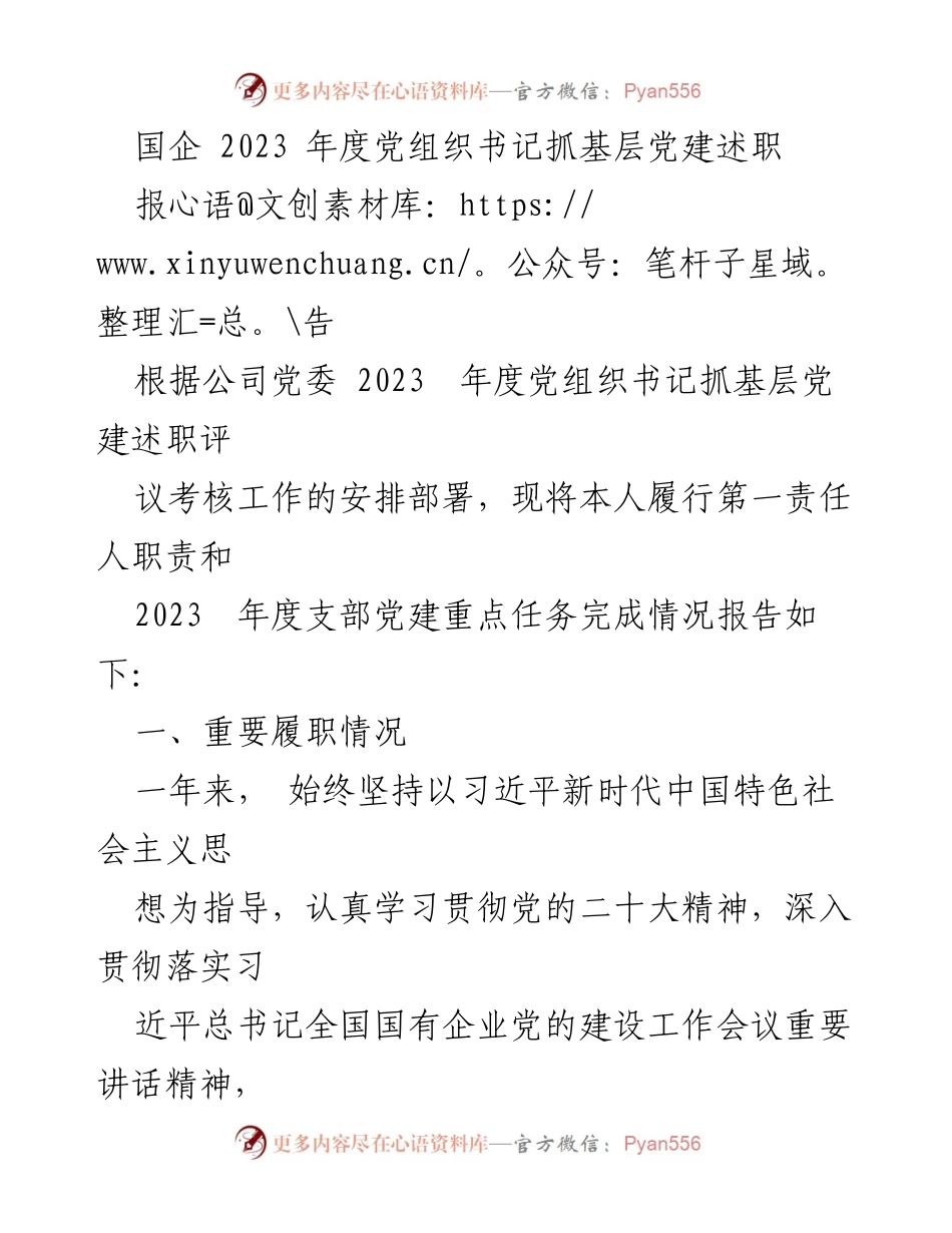 [报告] 国企年度党建述职 - 2023年度党组织书记党建工作述职报告.docx_第1页
