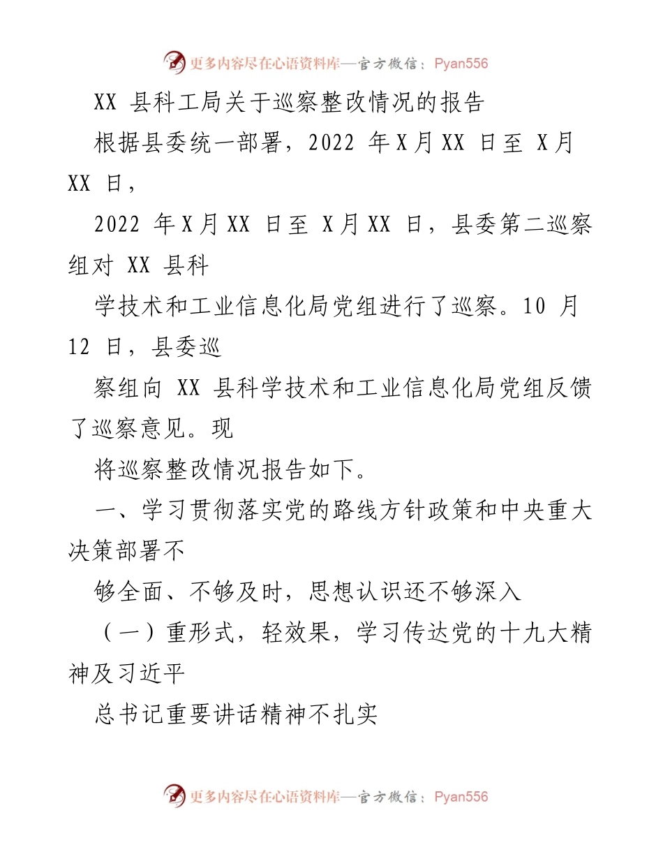 [报告] 巡察整改 - XX县科工局巡察整改情况报告_1.docx_第1页