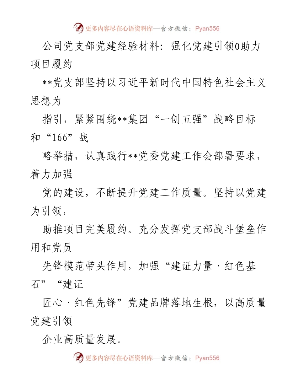[党建经验材料] 公司党支部 - 强化党建引领，助力项目履约.docx_第1页