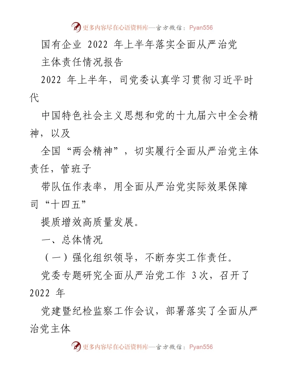 [报告] 国有企业 - 2022年上半年全面从严治党主体责任落实情况报告.docx_第1页