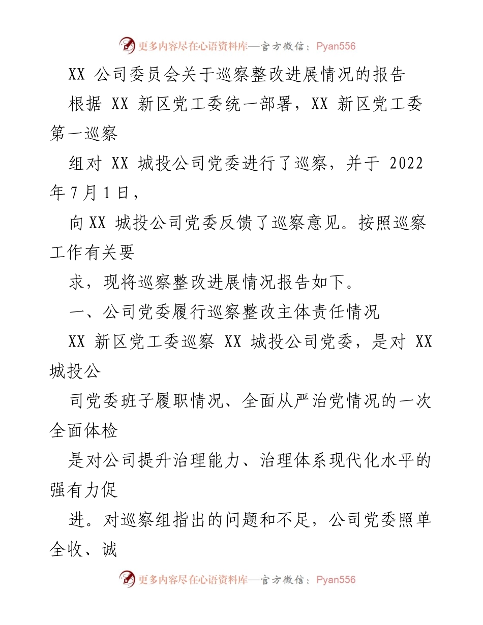 [报告] 巡察整改 - XX 城投公司巡察整改进展情况报告.docx_第1页
