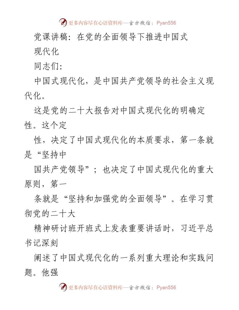 [党课讲稿] 学习贯彻党的二十大精神研讨班 - 在党的全面领导下推进中国式现代化.docx_第1页