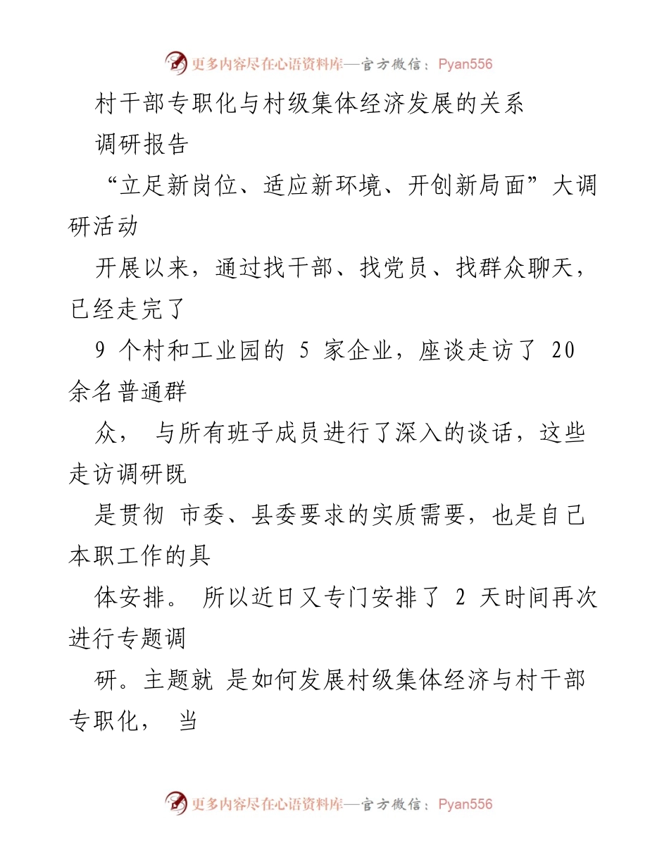 [调研报告] 大调研活动 - 村干部专职化与村级集体经济发展调研总结.docx_第1页