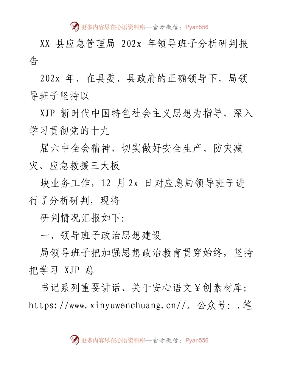 [调研报告] XX县应急管理局 - 202x年度领导班子分析研判报告.docx_第1页