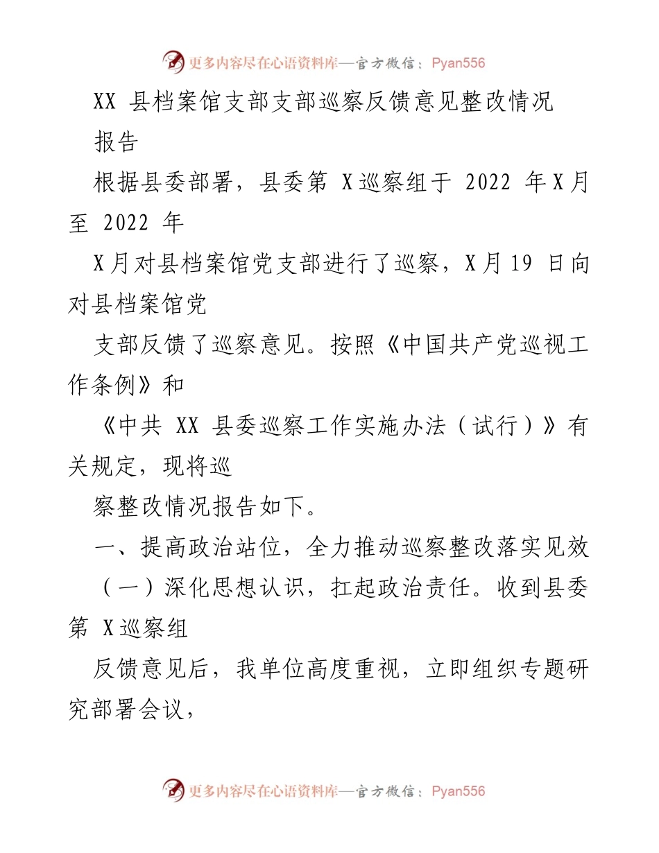 [报告] 巡察整改 - XX县档案馆党支部巡察反馈意见整改情况总结.docx_第1页