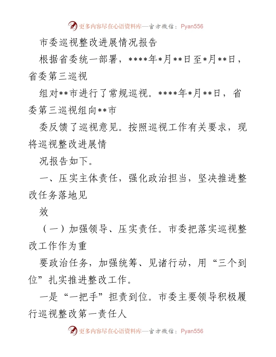 [报告] 市委巡视整改 - 市委巡视整改进展情况及落实措施报告.docx_第1页