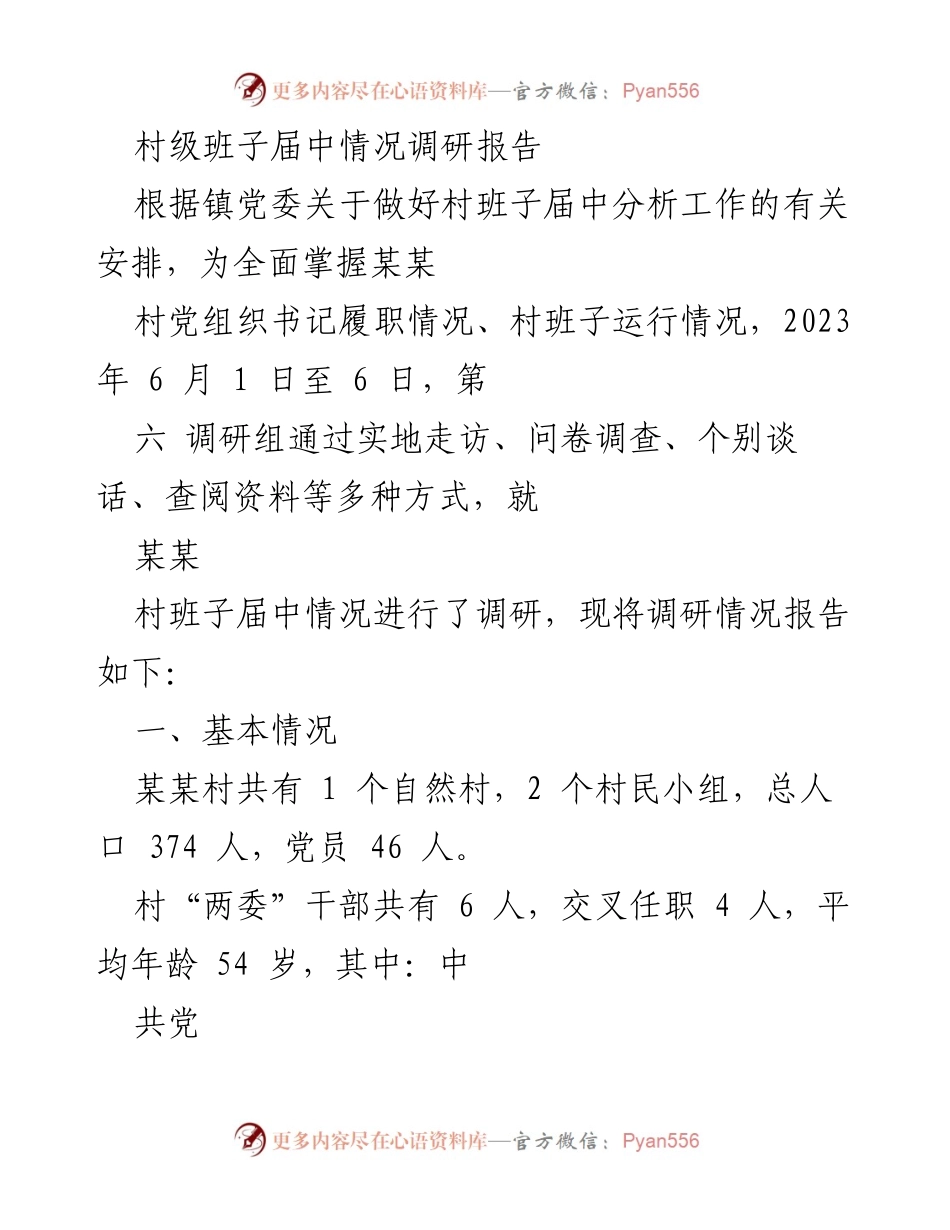[调研报告] 村级班子运行情况 - 某某村班子届中情况调研报告.docx_第1页