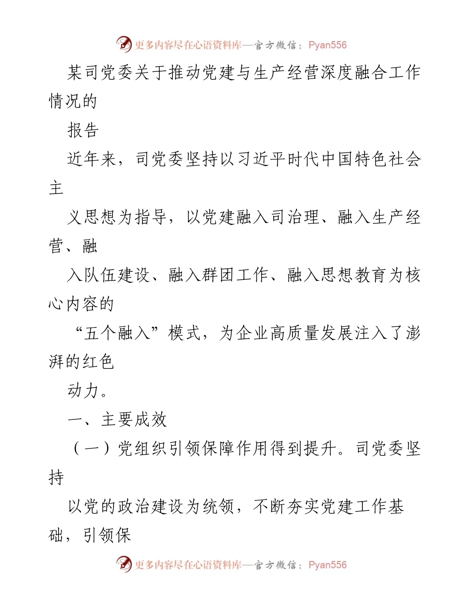 [报告] 党建工作 - 党建与生产经营深度融合的成效与经验总结.docx_第1页