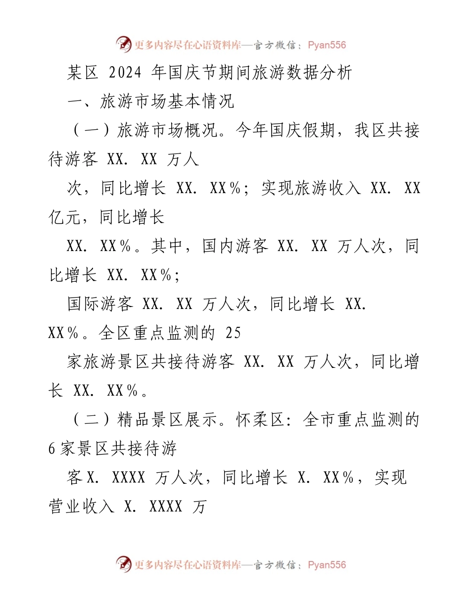 [调研报告] 2024年国庆节 - 某区国庆节期间旅游市场数据分析.docx_第1页