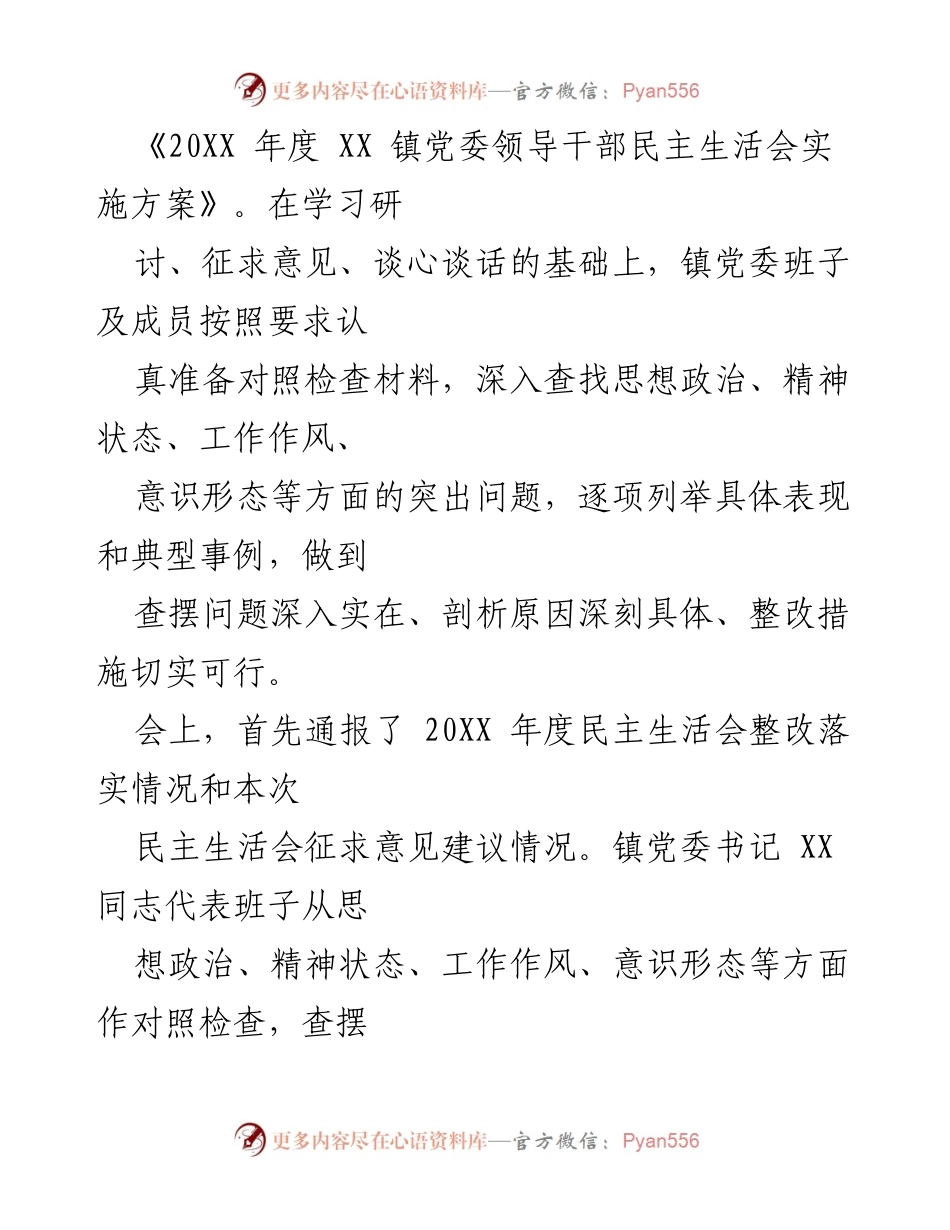 [报告] 党内会议 - 20XX年度民主生活会召开情况报告.docx_第2页