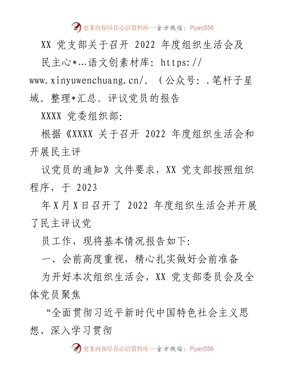 [报告] 组织生活会 - XX 党支部2022年度组织生活会及民主评议党员工作报告.docx_第1页