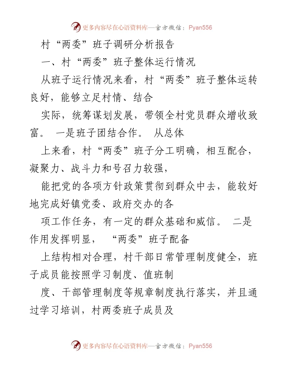 [调研报告] 村“两委”班子 - 村“两委”班子运行情况及成员履职分析报告.docx_第1页