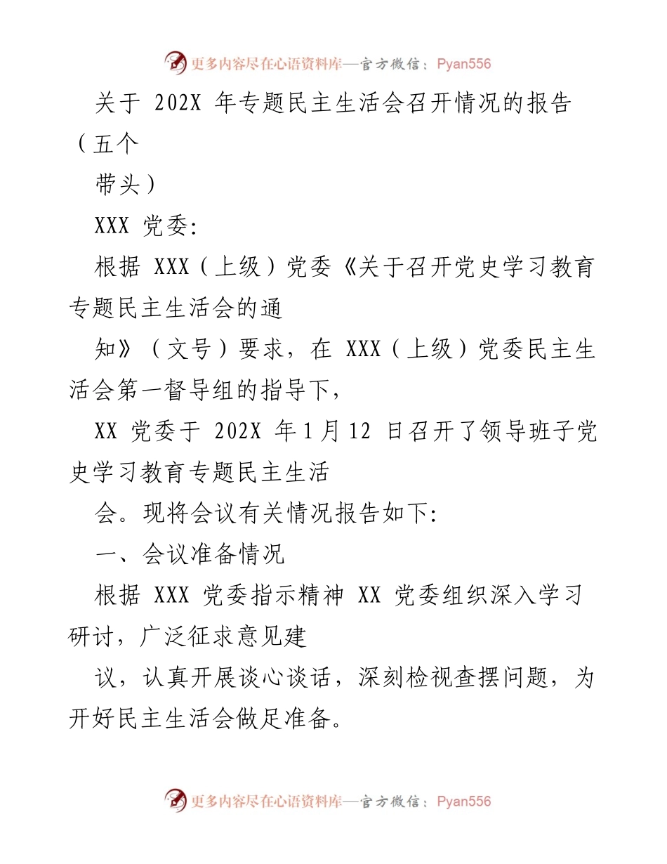 [报告] 党内会议 - 202X年专题民主生活会召开情况报告.docx_第1页