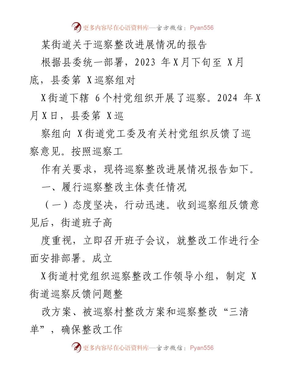 [报告] 巡察整改 - 某街道巡察整改进展情况报告.docx_第1页