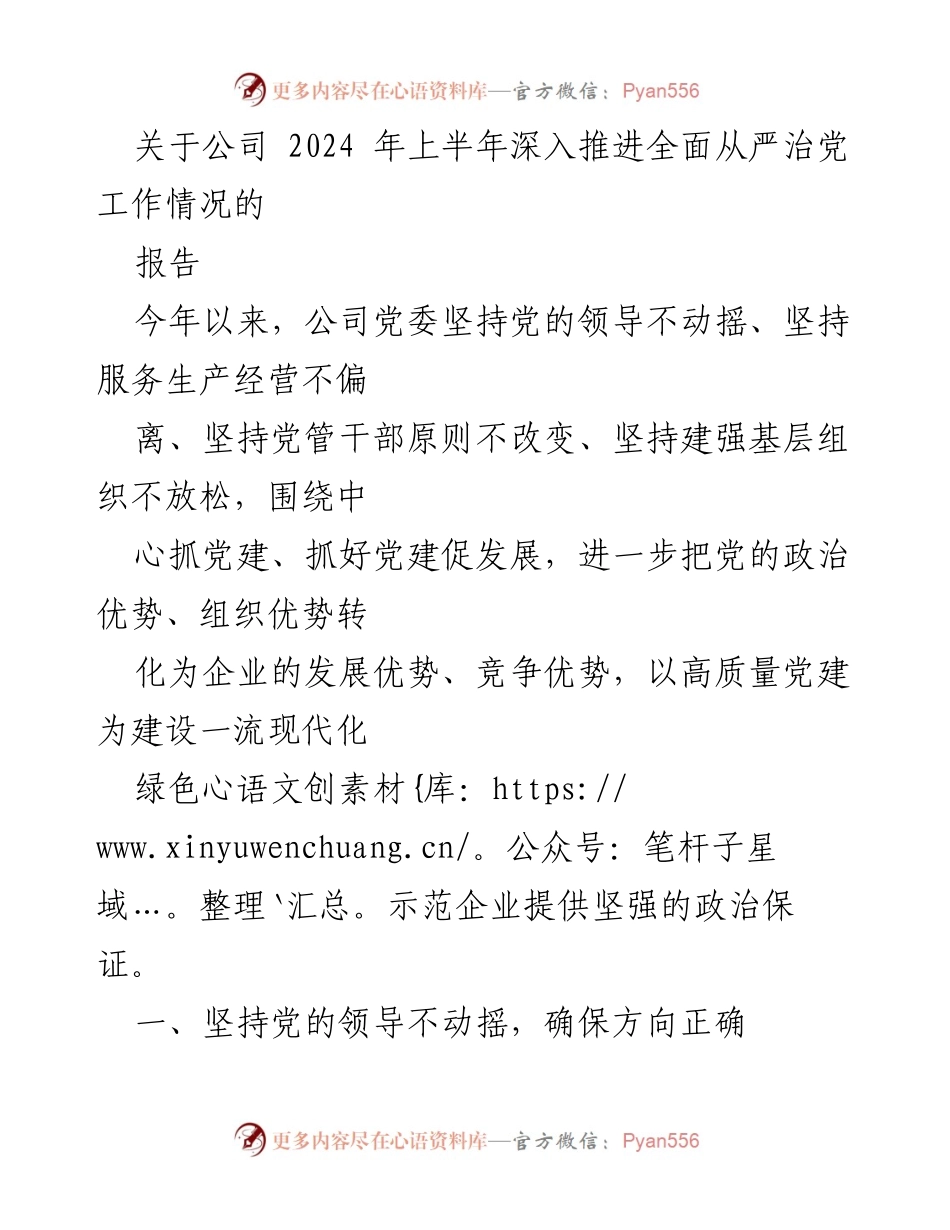 [报告] 公司党委会议 - 2024年上半年全面从严治党工作推进情况报告.docx_第1页