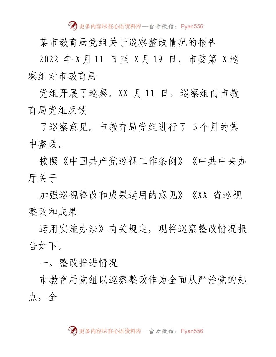 [报告] 巡察整改 - 市教育局党组巡察整改情况报告_1.docx_第1页