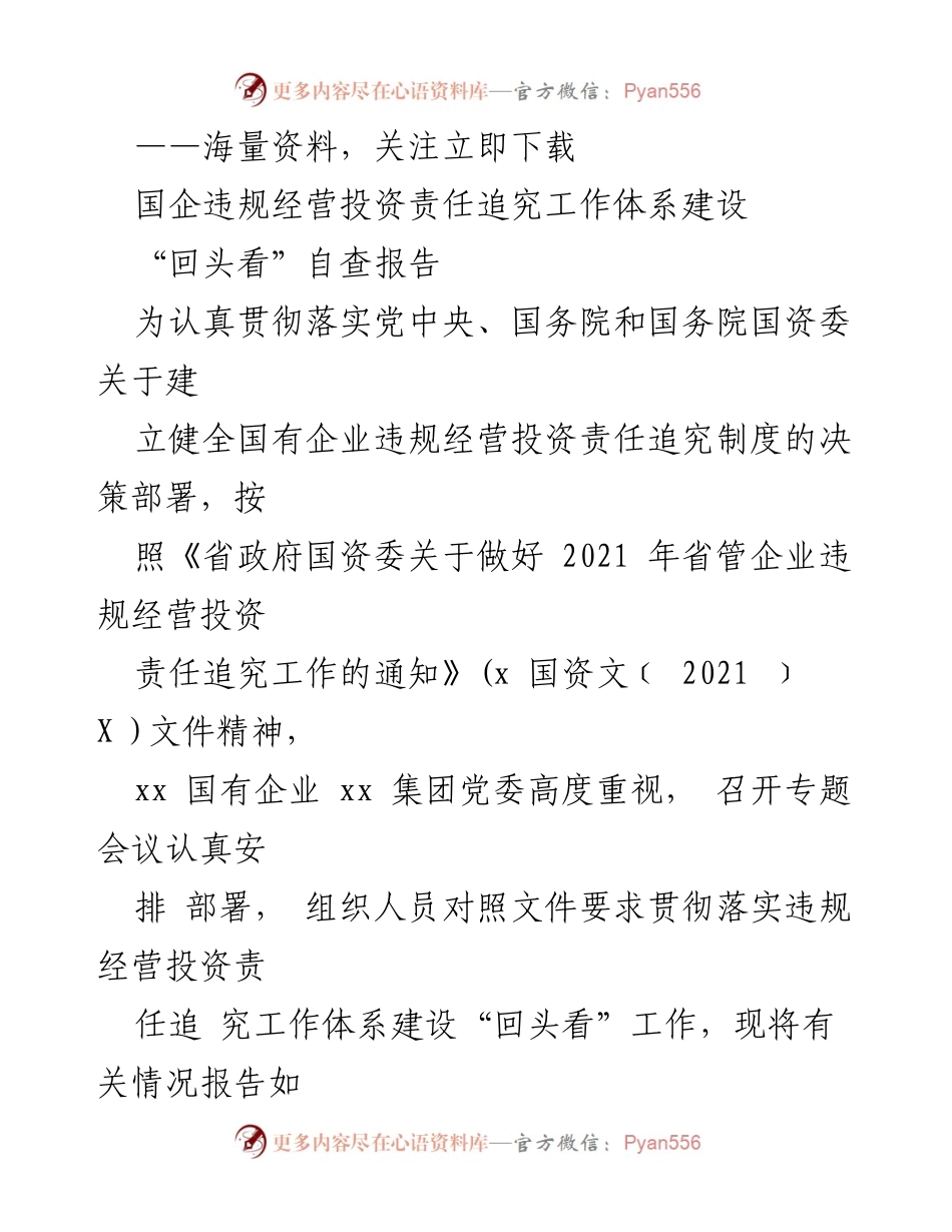 [调研报告] 国企责任追究 - 国企违规经营投资责任追究工作体系建设自查报告.docx_第1页