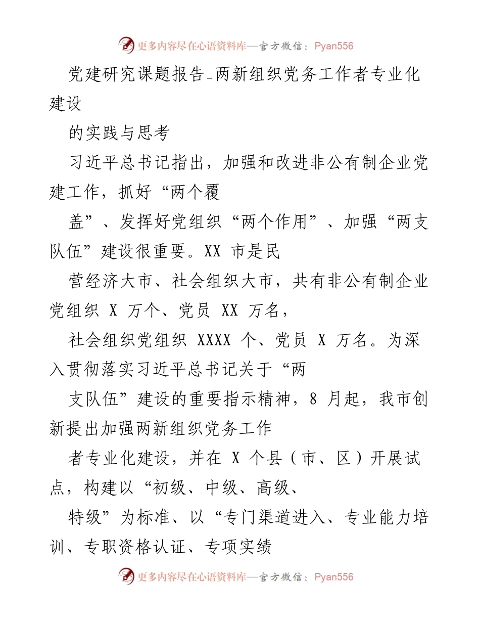 [调研报告] 党建工作 - 两新组织党务工作者专业化建设的实践与思考.docx_第1页