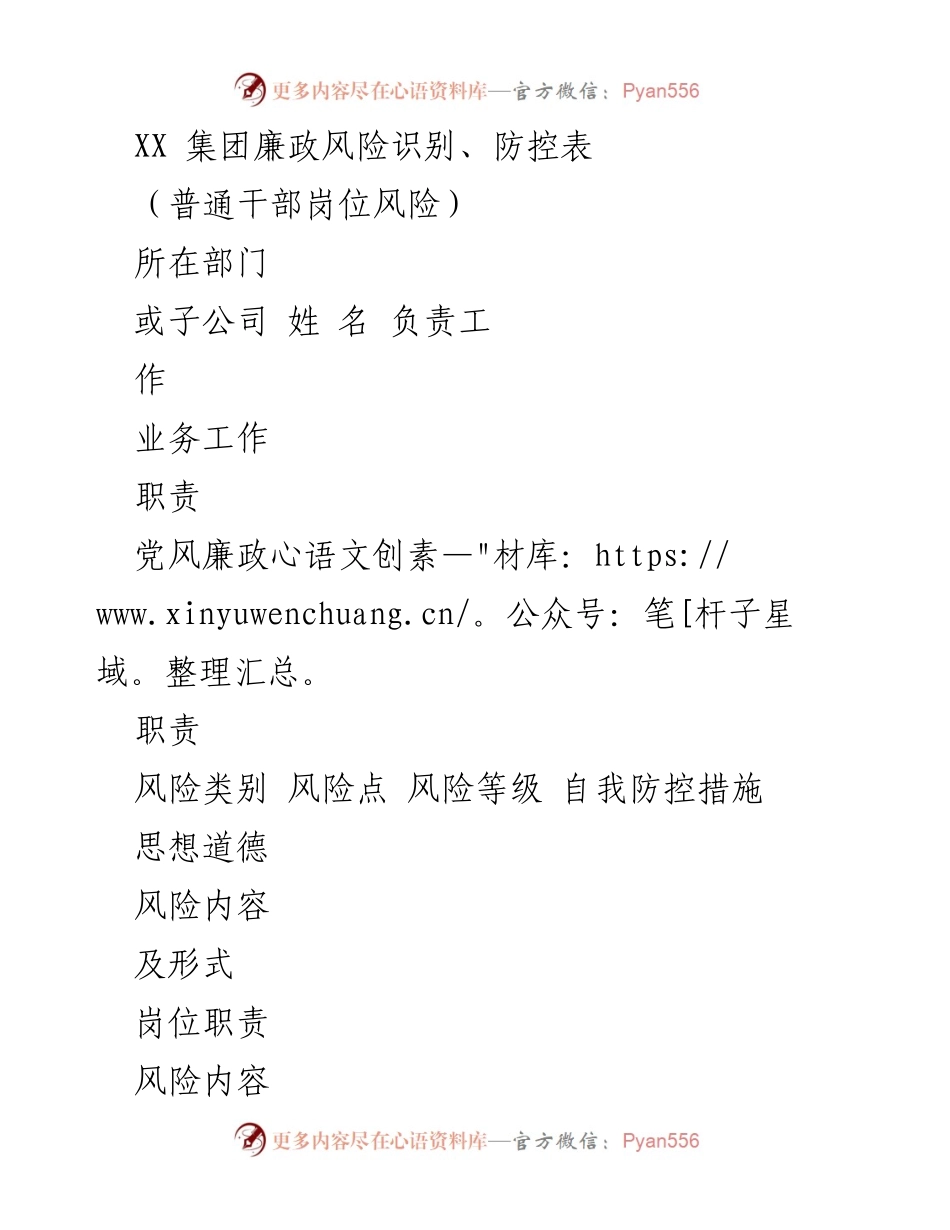 [表格] 风险管理 - XX集团廉政风险识别与防控表格.docx_第1页