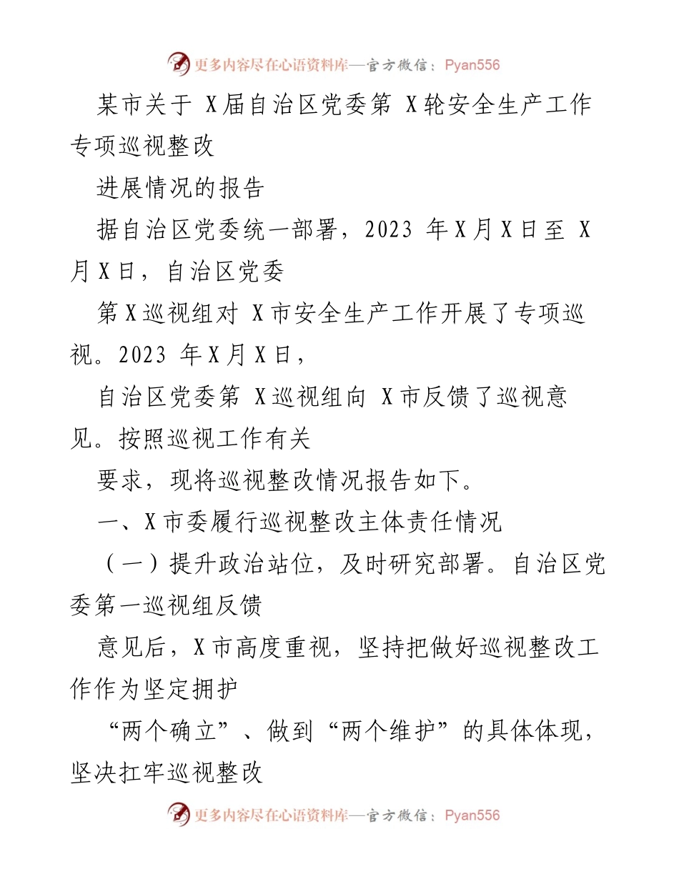 [报告] 安全生产专项巡视 - X市安全生产工作专项巡视整改进展情况报告.docx_第1页